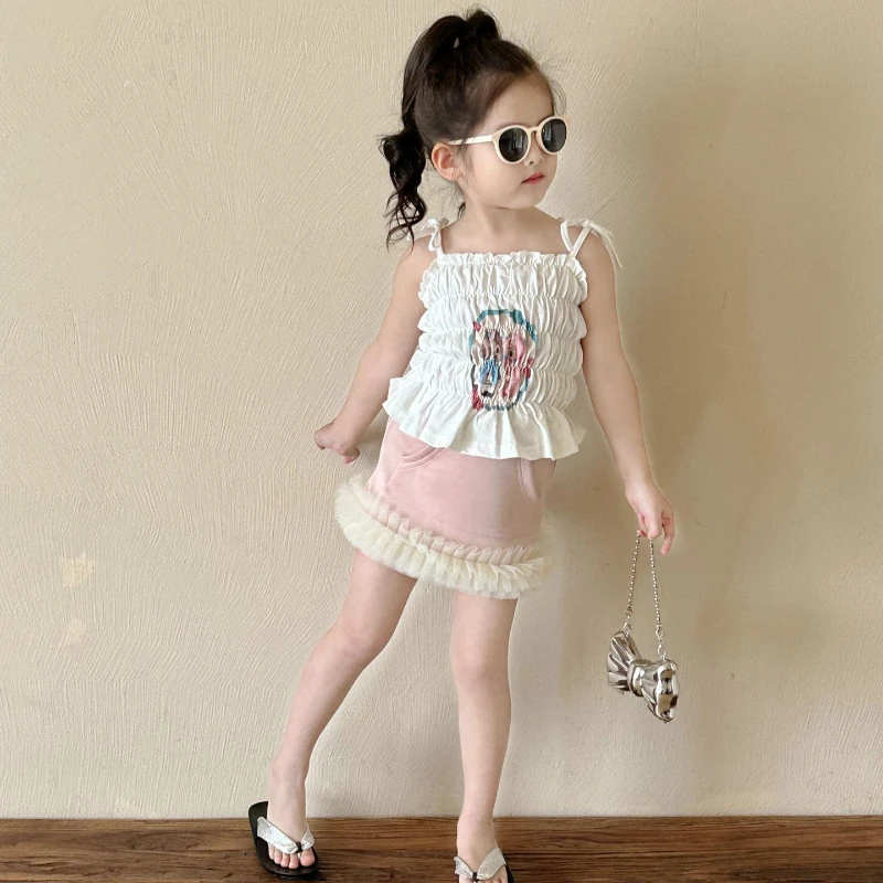 

Girls' Summer New Girls' Cartoon Halter Vest + Patchwork Skirt Fashion Two-piece Set