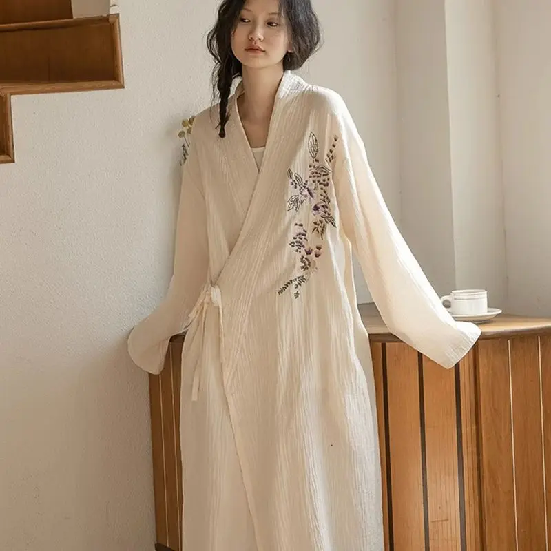 Embroidery Robe for Women V-neck Summer Sleepwear Nightdress Japanese Night Wears One Piece Lace-up Korean Reviews Many Pajama