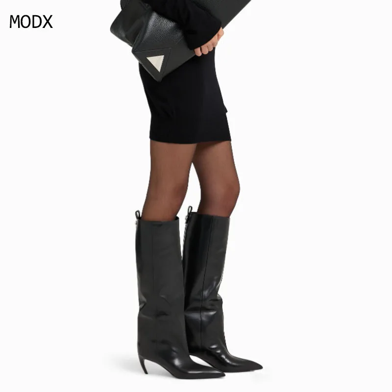 

Winter Snakeskin Fashion Thin Low Heels Vintage Designer Female Long Booties Pleated Pointed Toe Knee-High Women Boots Shoes