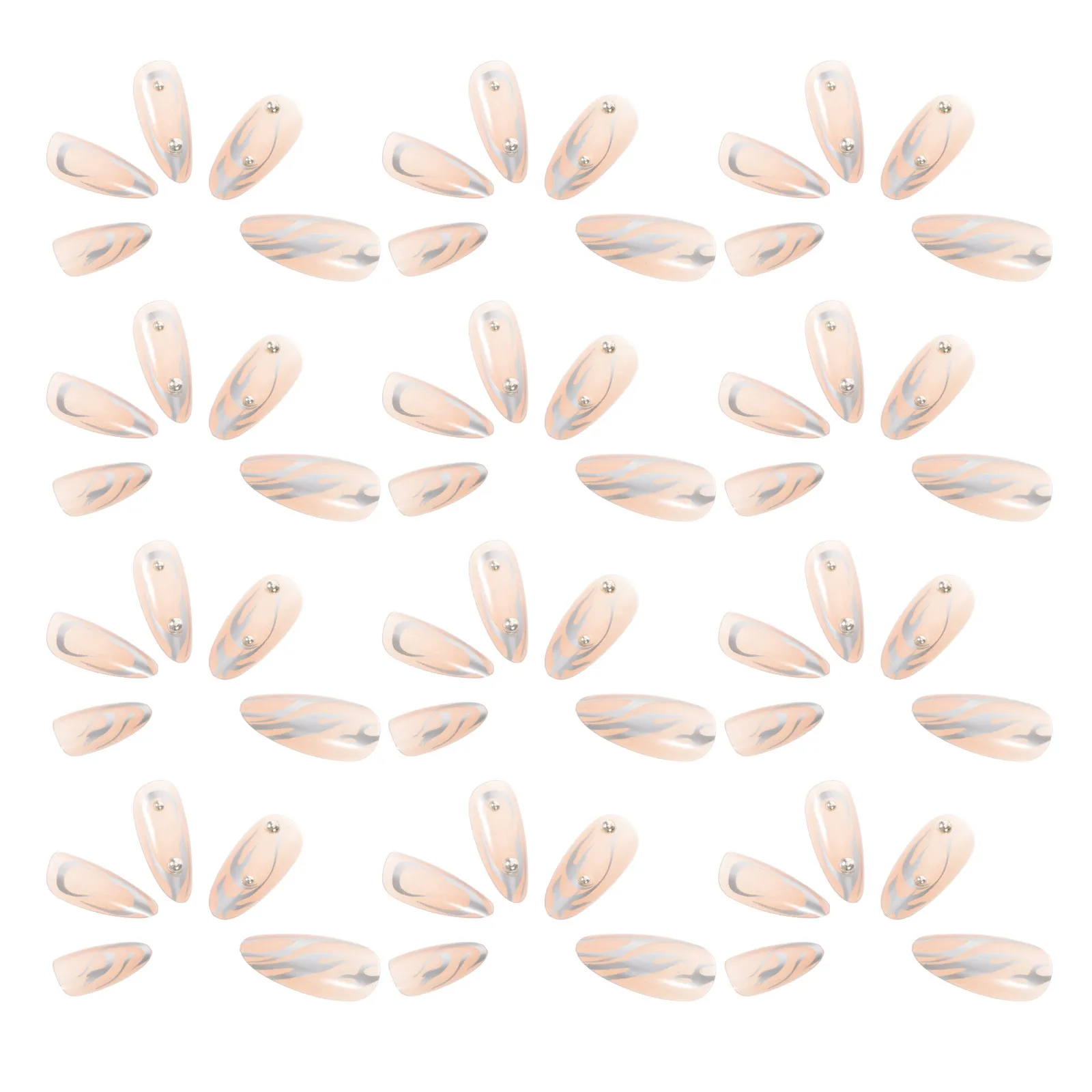 24Pcs Silver Fire Press on Nails with Rivet Accents Full Cover Coffin Shape Reusable False Nails for Women Punk Rock Manicure