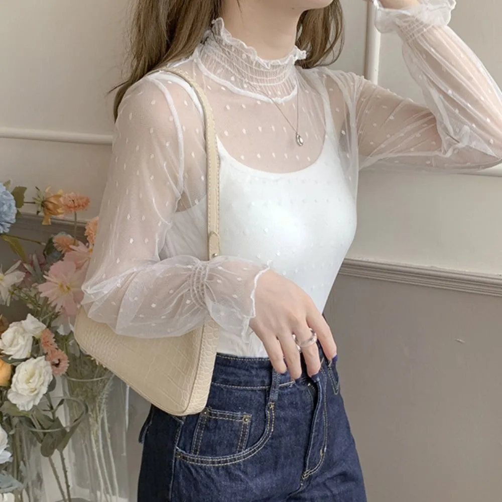 Sweet Half High Collar Lace Flower Top Dot Blouse Transparent Pullover Top Ins See Through Beach Shirts Streetwear