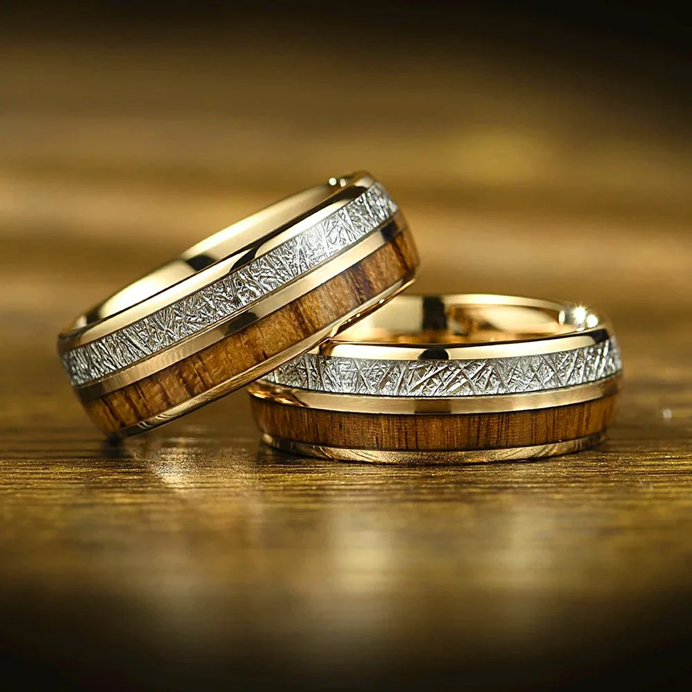 Fashion 8mm Men Stainless Steel Ring Rose Gold Color Brushed Koa Wood And Meteorite Rings for Men Wedding Band Jewelry Gift