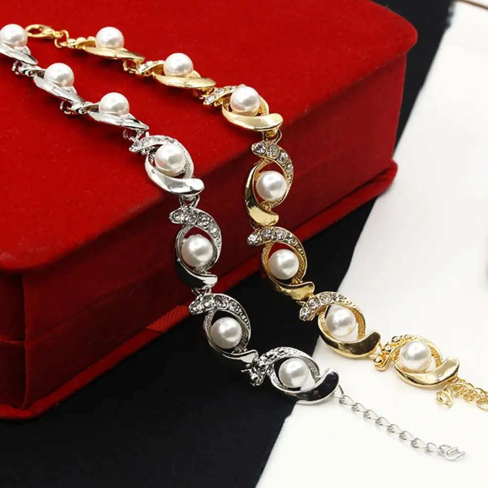 2025 Women Bracelets Faux Pearl Rhinestone Inlaid Bangle Adjustable Bracelet Ring Set Diamonds Pearl Bracelet