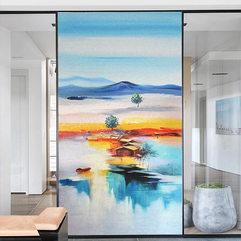 Landscape Painting Window Film Privacy Non Adhesive Glass Sticker Window Coverings Window Tint for Homedecor