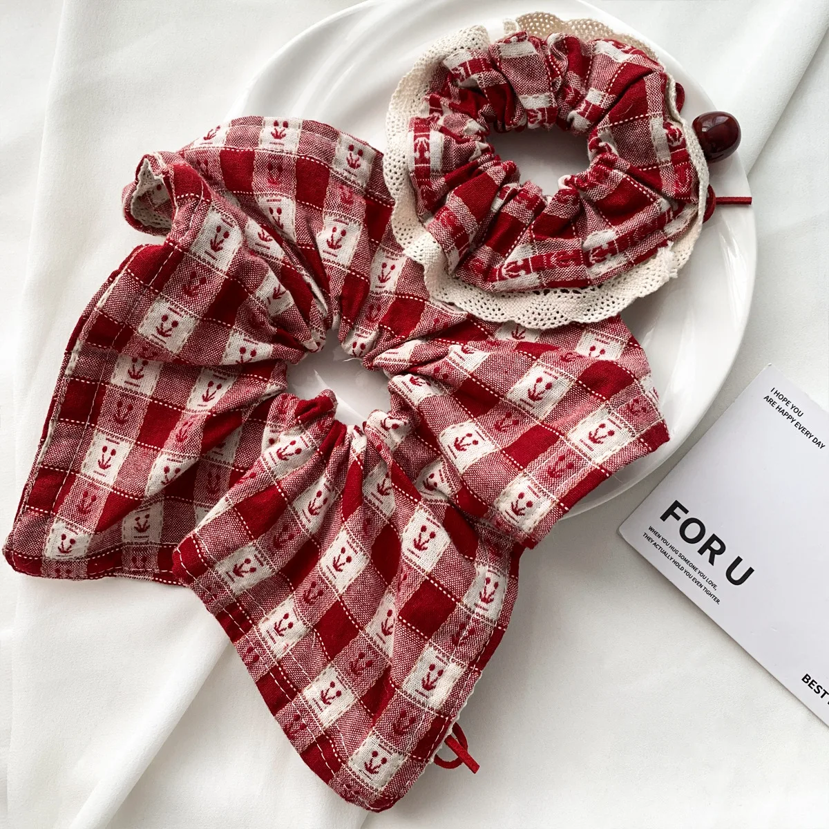Women\'s Scrunchies Sweet Style Red Check Cherry Scrunchie Lace Lace Cherry Square Scarf Hair Rope Hair Accessories Girls Gift