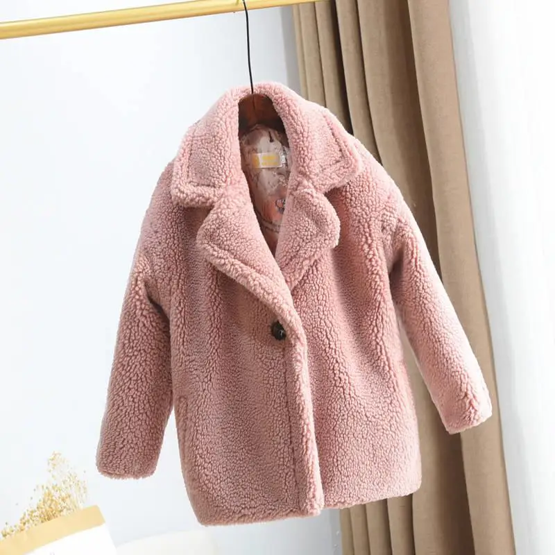 2024 Children Sheep Shearling Cardigan Coat Kids Girl Thick Casual Long Jacket Teen Girl Faux Fur Warm Outerwear Clothes Q470