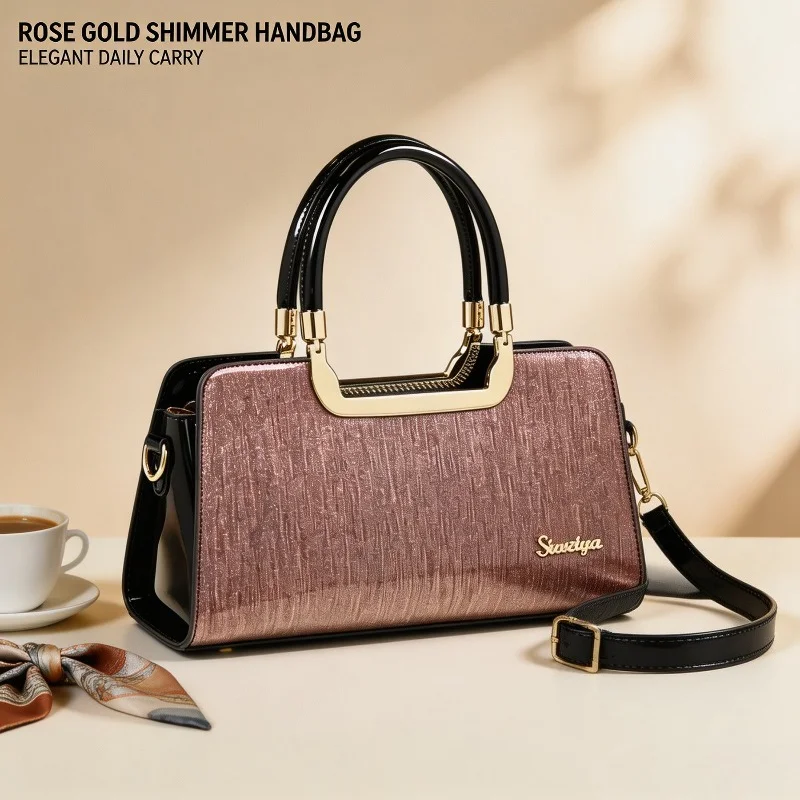 Women Glitter Textured Handbag Patent Leather Splice Metal U Shape Top Handle Detachable Strap Evening Party Shoulder Purse