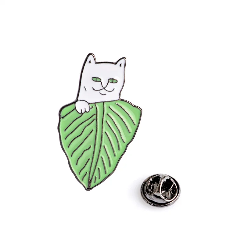 Enamel Pin cabang daun pisang kucing hewan bros wanita pria kerah Pin Denim lencana kartun perhiasan hadiah lucu kucing putih