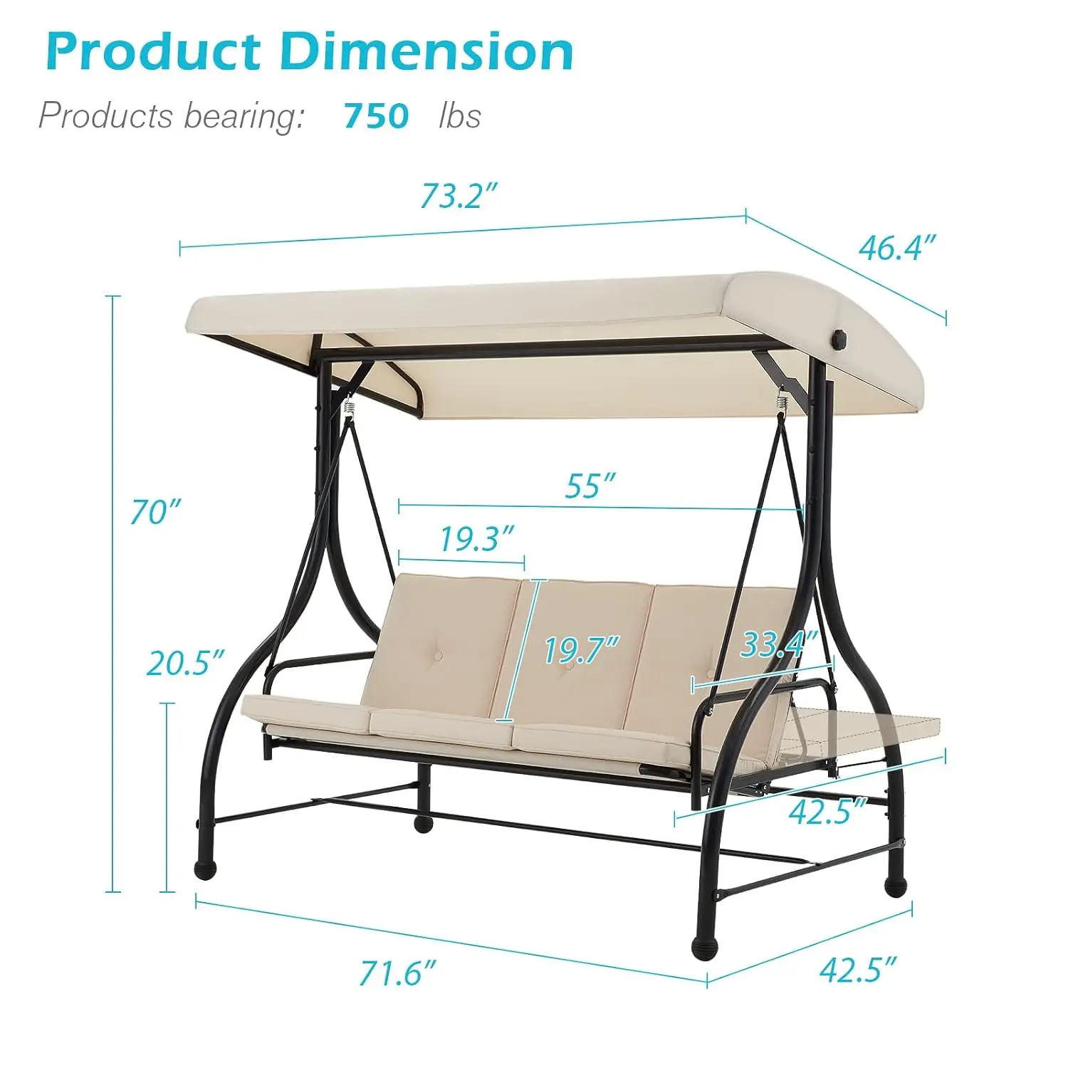 3-Seat Outdoor Patio Swing With Canopy Converting Porch Hammock Adjustable Backrest Removable Cushions & Stand Beige, Customized