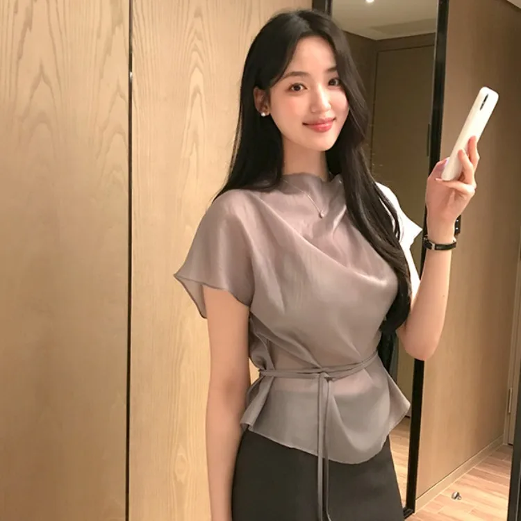Summer Short Sleeve Shirt Women's Casual Style Waist Cinched Belted Thin Silk Blend Top Half High Collar Translucent Design