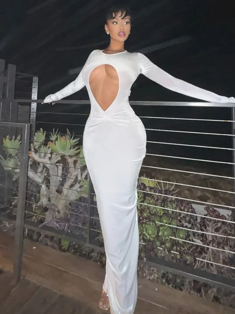 Woman Clothing Elegant O-neck Long Sleeve Bodycon Hollow Out Evening Party Dresses Sexy Cut Out Solid White Long Maxi Prom Dress