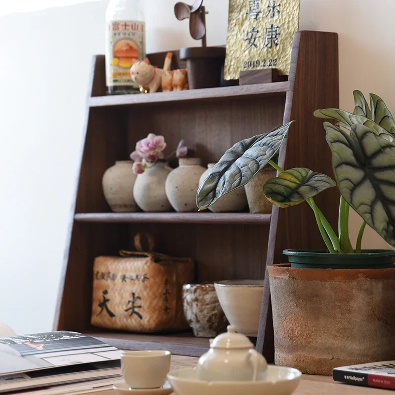 

Black Walnut Storage Shelf Tiered Multi-Layer Cup Holder Coffee and Tea Set Organizer Detachable Panel Display Cabinet for Home