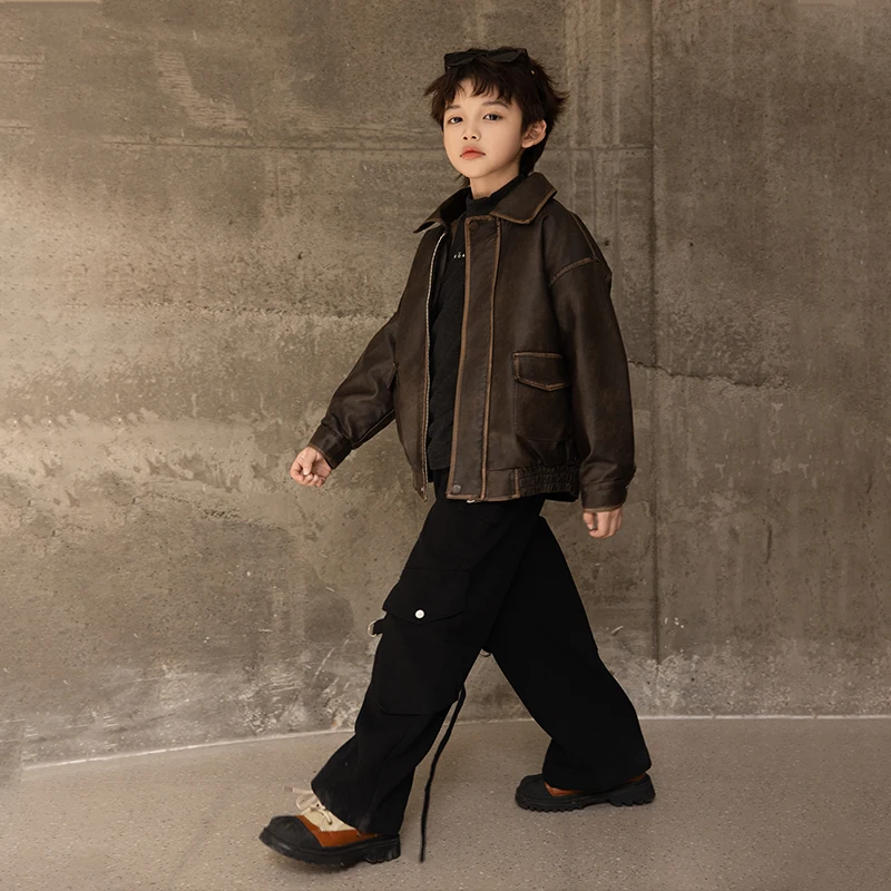 Children Girls Faux Leather Jacket Rabbit Fur Zipper Fly Coat for Kids Fashion Boys Clothes 2025 Winter Autumn New