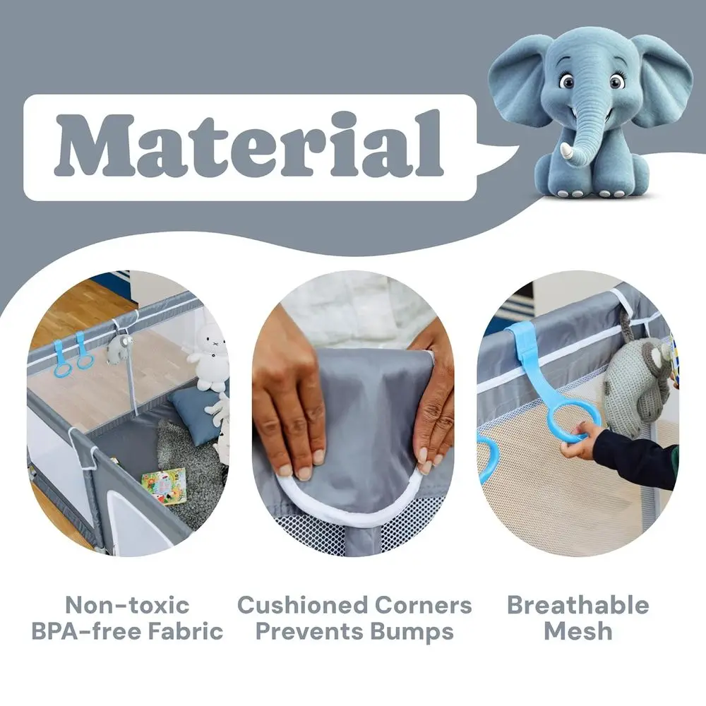 Bardzo Duży Szary Park Zabaw - Siatka 70x59 dla Niemowląt i Małych Dzieci z Tkaniny Odporną na Rozdarcia, Mocowanymi na Przyssawki, Oddychającym Zamkiem i 3