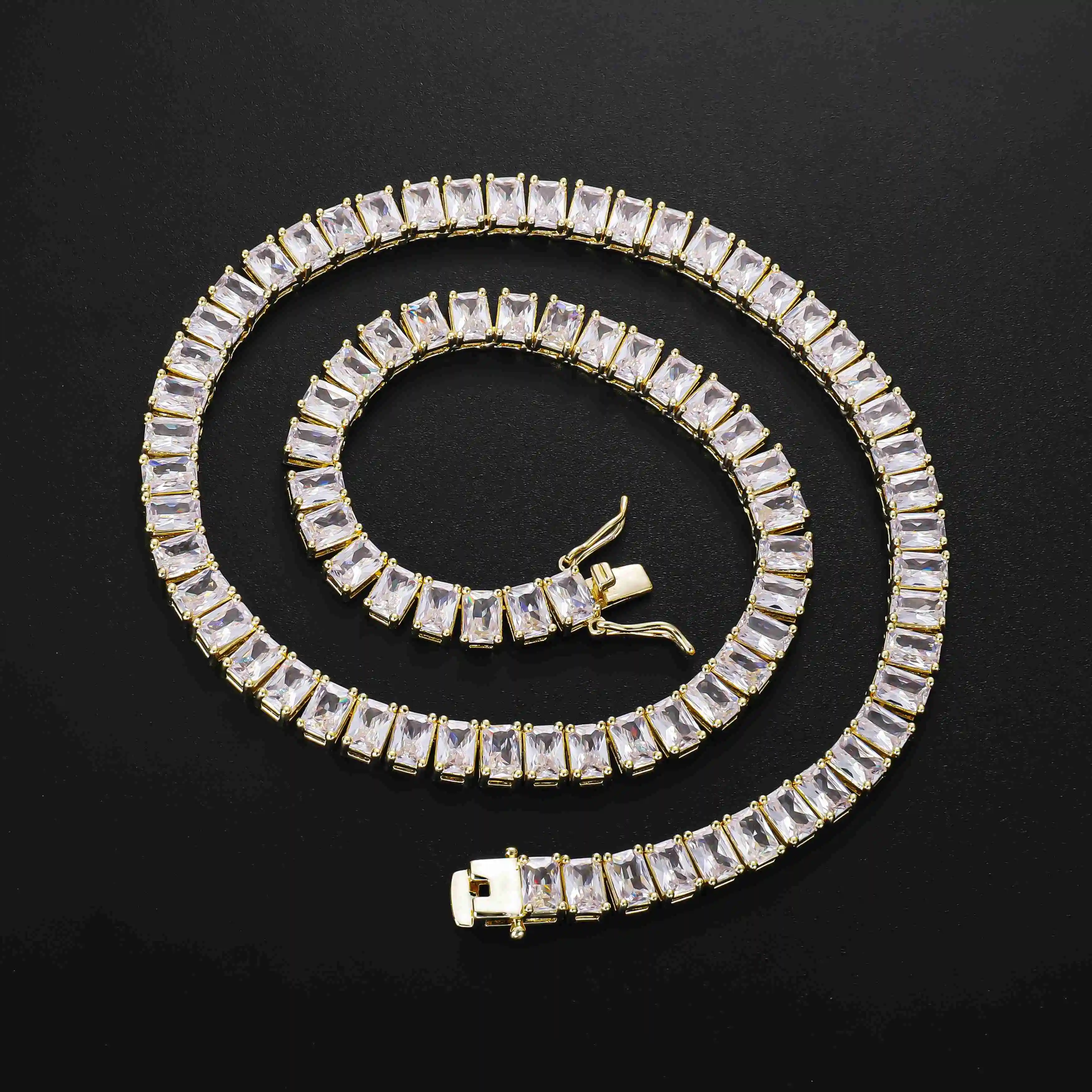 CM Fashion History Jewelry 14k Gold Plated Customized Cadena De Tenis Diamond Tennis Necklace 5A Zirconia baguette Chains Women