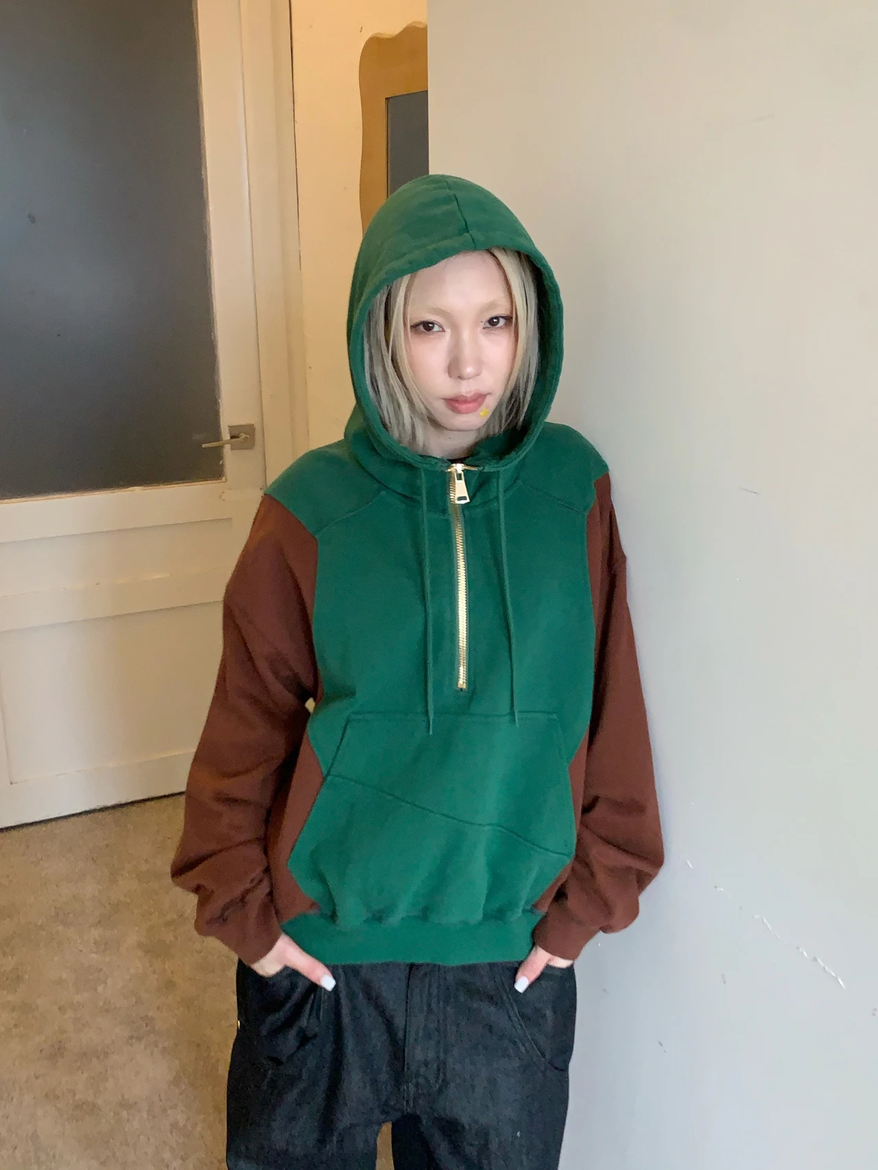 

MMBBT American Sle ket Waed Spliced Hoodie Women's Spring Autumn Loose Fit Long Sve Jaet Street Sle Cotton