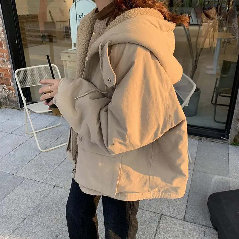 Women Oversized Parkas Hooded Thick Coat Ladies Soft Kawaii Jacket Double Sided Outerwear Autumn Winter Warm Long Sleeve Bomber