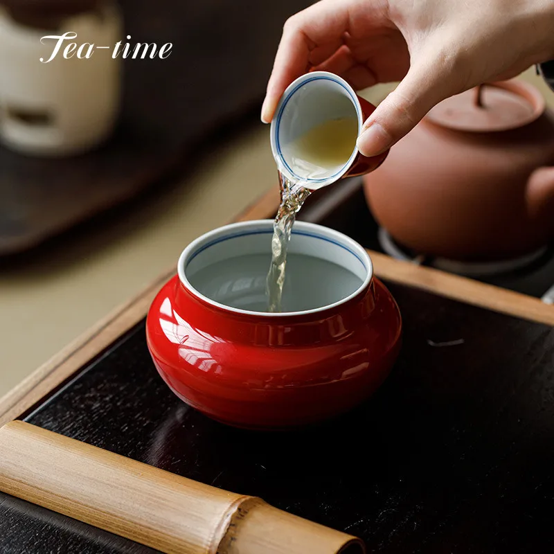 Hand Painted Ceramic Jianshui Forbidden City Red Tea Washing Bowl Chinese Big Pretty Bowl Tea Ceremony Vintage Porcelain Home