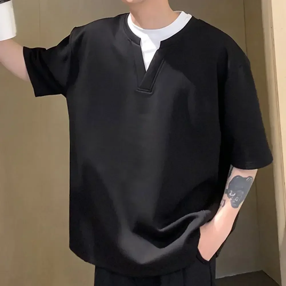 

Casual Short Sleeve Color Contrast Top Casual Outing Lightweight Summer T-shirt Polyester Fabric Slight Stretch