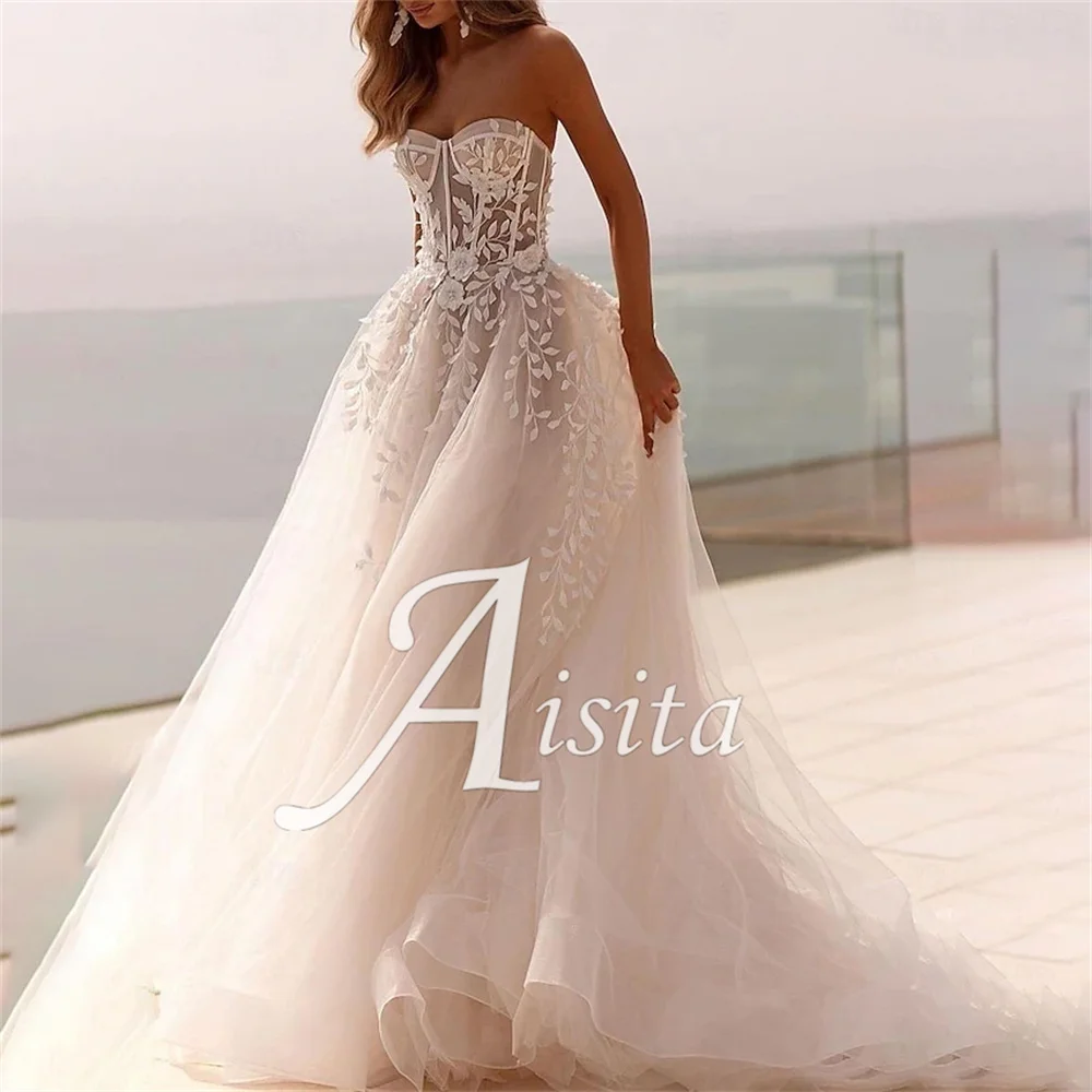 

Beach A-Line Wedding Dress Sweetheart Customized Open Back With Appliques Tulle Bride Dresses Wedding Dresses Vestidos Dresses