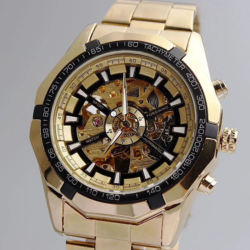 

Golden Mechanical Watch for Men Stainless Steel Strap High Weight Business Wristwatch Skeleton Dial Design Men's Gifts 2023 New