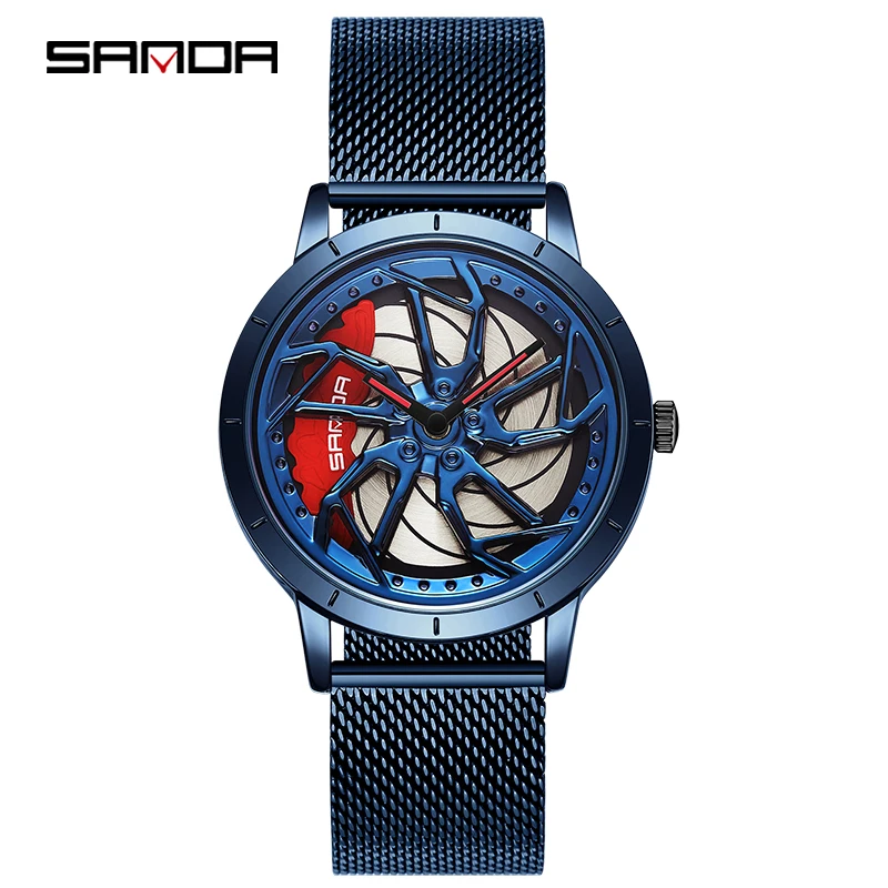 SANDA 1086 림 허브 시계 2023 남성용 스포츠 방수 시계, 스테인레스 스틸 메쉬 스트랩 휠 손목시계, 자동차 쿼츠 남자 시계