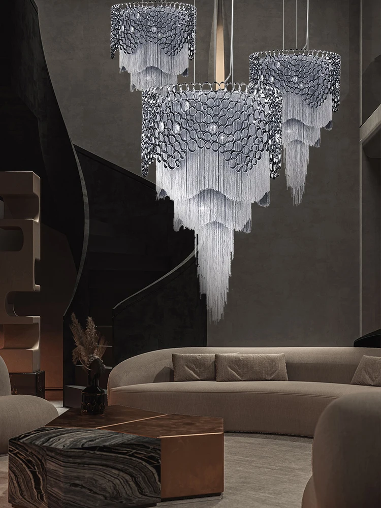 Modern Luxury Waterfall Tassel Metal Staircase Ceiling European Designer Pendant Lights Led Lustre Chandeliers Lighting Fixtures