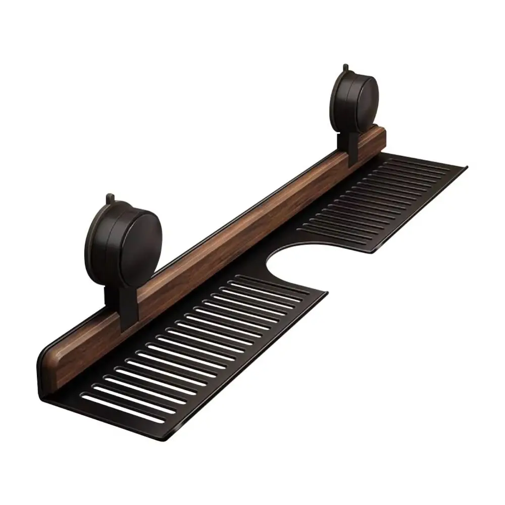 Walnut Finish Suction Cup Bathroom Shelf No Drill Wall Mount Heavy Duty Storage Rack Rustproof