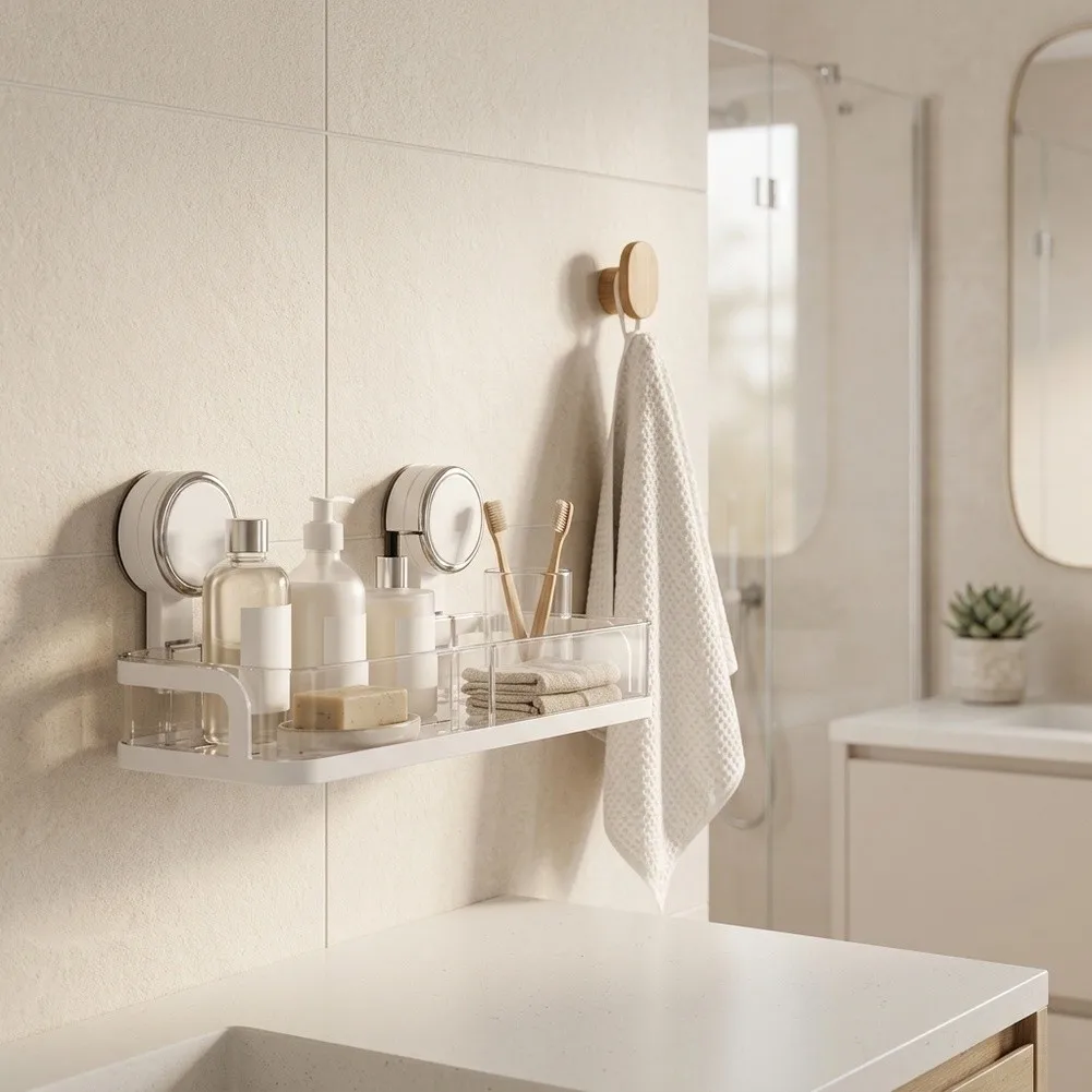 Easy Install Wall Mounted Shower Shelf Strong Suction Cup Design Supports 10KG Rustproof PET ABS Construction 30x10.7x4.8cm