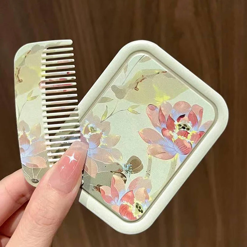 Lotus Flip-Top Folding Makeup Mirror Portable Pocket Mirror Rectangle Cosmetic Mirror With Comb For Women Girls Outdoor