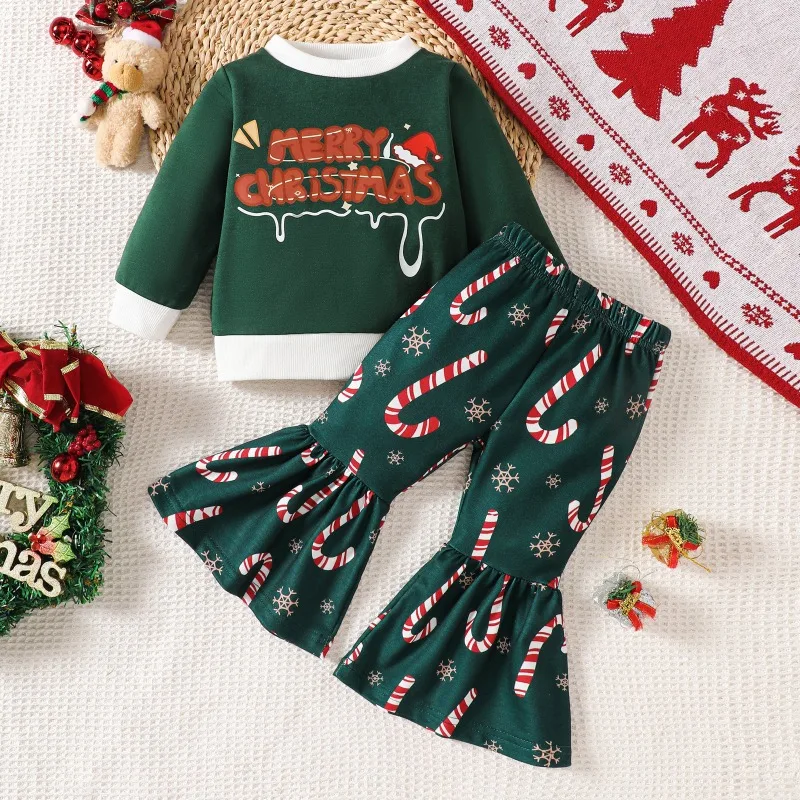 Newborn Baby Boys Girls Christmas Outfit Long Sleeve Sweatshirt with Merry Santa Stockings Print Bell Bottom Flare Pants Set