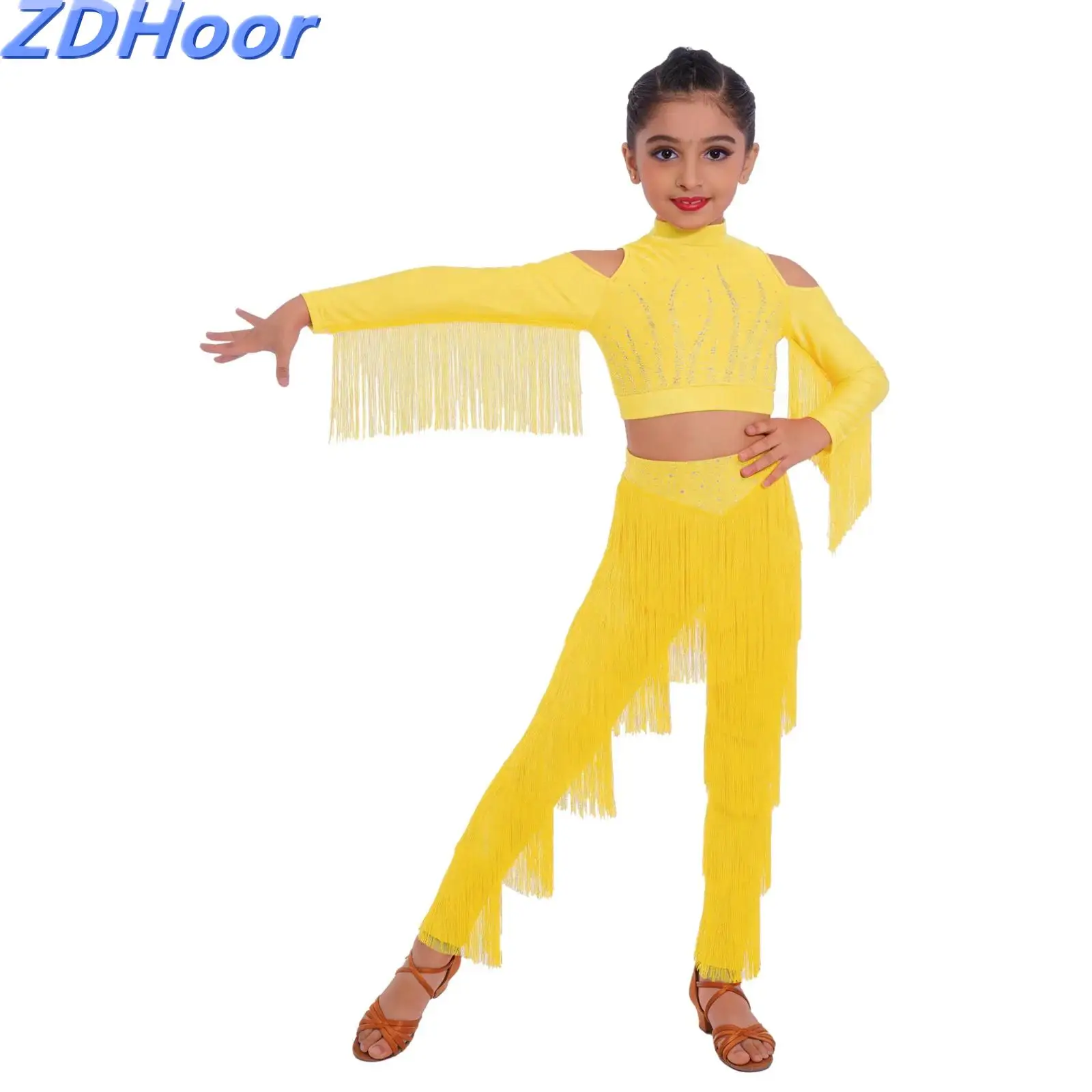 

Детский костюм для латиноамериканских и джазовых танцев для девочек: укороченный топ с блестящими стразами, невидимой молнией сзади и поясом, а также брюки с многоярусной бахромой