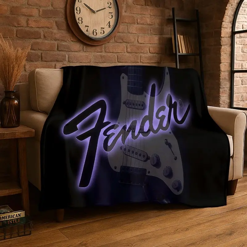 HD Retro Fender Logo Guitar Instruments Music Flannel Blanket Soft Warm Throw Blanket for Bedroom Living Room Bed Travel Picnic