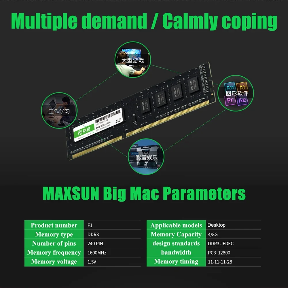 MAXSUN DDR3 4GB 8GB Desktop Memory RAM PC3 1600Mhz 1.5V 240Pin Intel and AMD Non-ECC DIMM Memories Ram