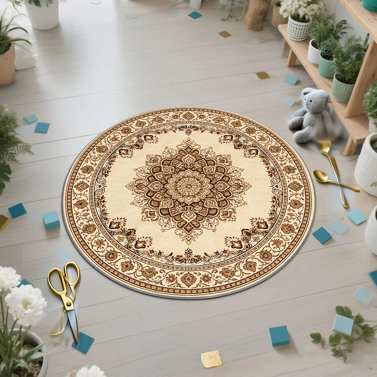 Minimalist Antique Look Floral Graphic Area Carpet Circular Entry Rug For Restaurant Supermarket Dance Studio Gym
