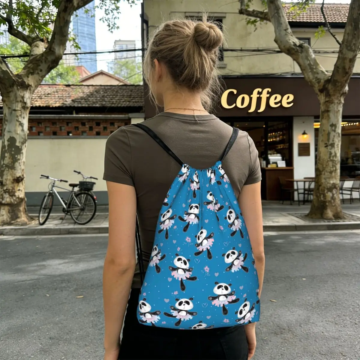 Cute Panda Wear Skirt Backpacks Multi-function Drawstring Bags Shoes Bag Book Bags for Travel Students