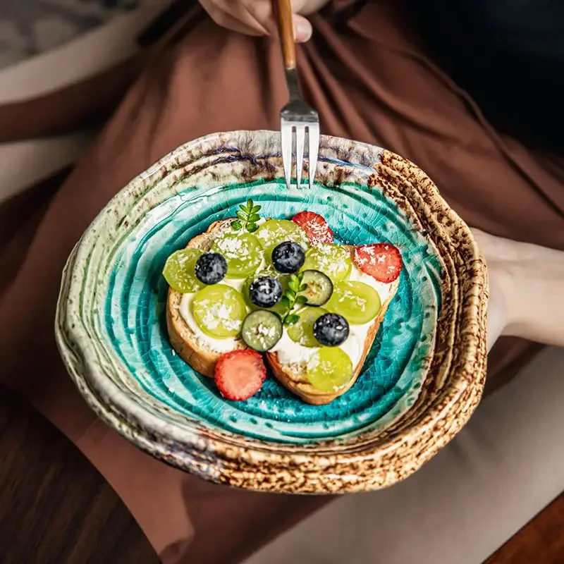 Vintage Ceramic Blue Thread Dinner Plate 7 Inches Shaped Fruit Salad Dessert Dishes Western Pasta Breakfast Cake Plate Irregular