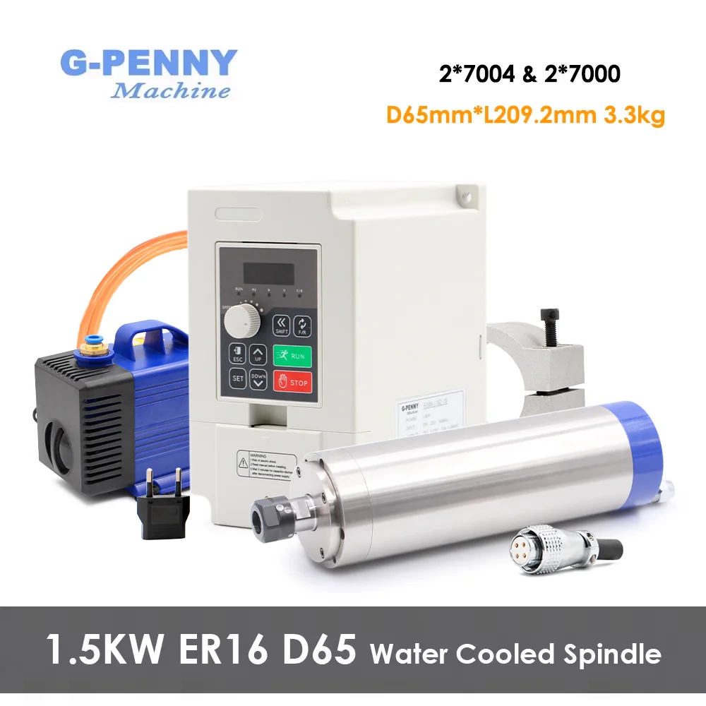 Image of G-Penny 220V 1,5kW ER16 65mm Wassergekühlte Spindelsets und H100 Inverter und Wasserpumpe und 65m Halterung für CNC-Fräsmaschine
