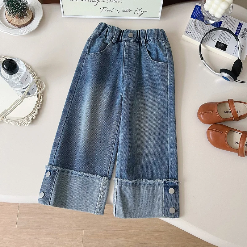 Girls Denim Wide Leg Pants Spring and Autumn Style New Loose Straight Leg Denim Pants  Girls Pants 2-8y