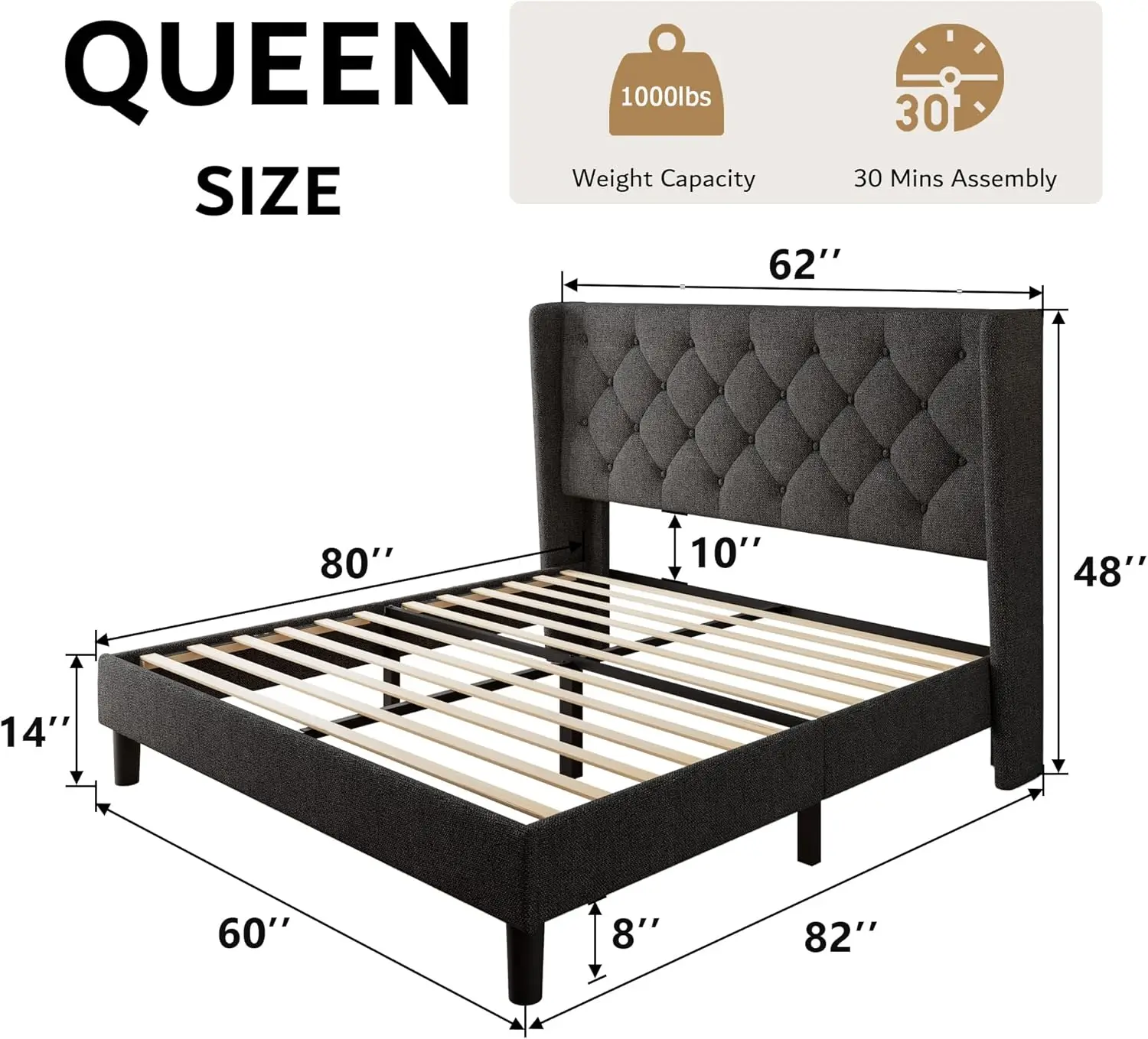 Large platform bed frame, solid wood cushioned bed frame flat, no springs, no noise, easy to assemble, dark gray