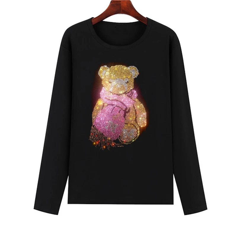 Scarf bear diamond picture women's T-shirt Spring, Autumn and Winter leisure large-size 5XL diamond-encrusted diamond T-shirt