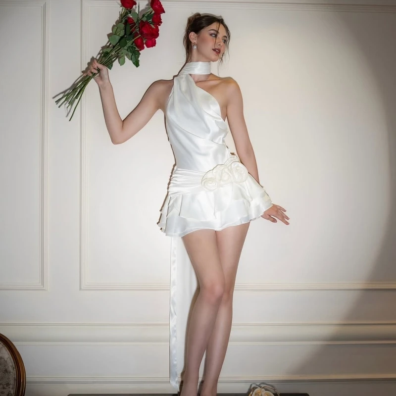 Candyhot sem costas halter elegante sólido cetim flores sem mangas fora do ombro mini vestido primavera festa de formatura noite vestidos femininos