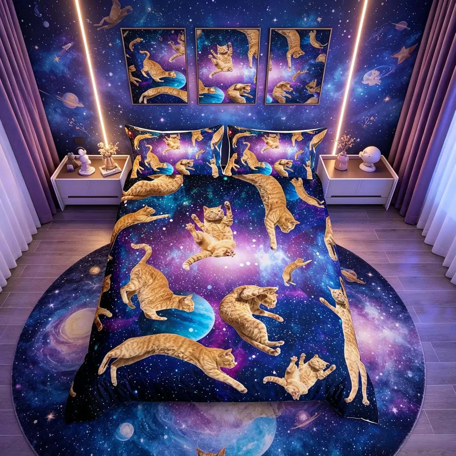 Galaxy Cute Cat Duvet Cover Set Double Size Space Universe Planets Bedding Set With 2 Pillowcases For Kids Girls