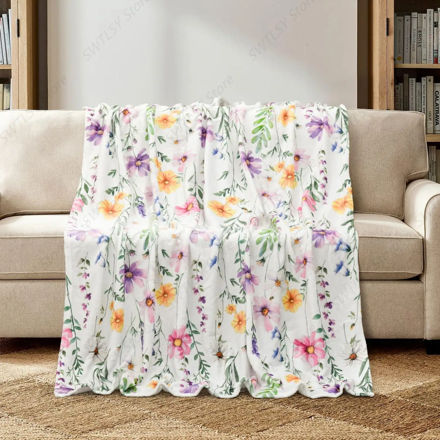 Spring Flannel Blanket Watercolor Wildflowers Baby Newborn Fleece Blanket, Soft Lightweight Plush Cozy Blankets