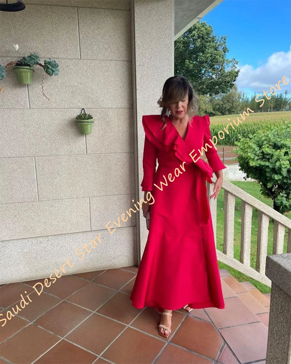 فستان سهرة من الساتان عالي الجودة مخصص برقبة على شكل حرف v فستان حفلات بفيونكة رشيقة كلاسيكي بأكمام طويلة وكشكشة على شكل حرف a Celebr