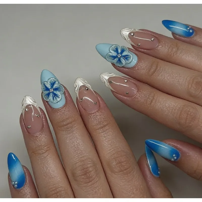 

24PCS Blue Nude Almond Press on Nails 3D Flower Rhinestone French Tip Summer Ombre Style Glossy Reusable False Nails for Women