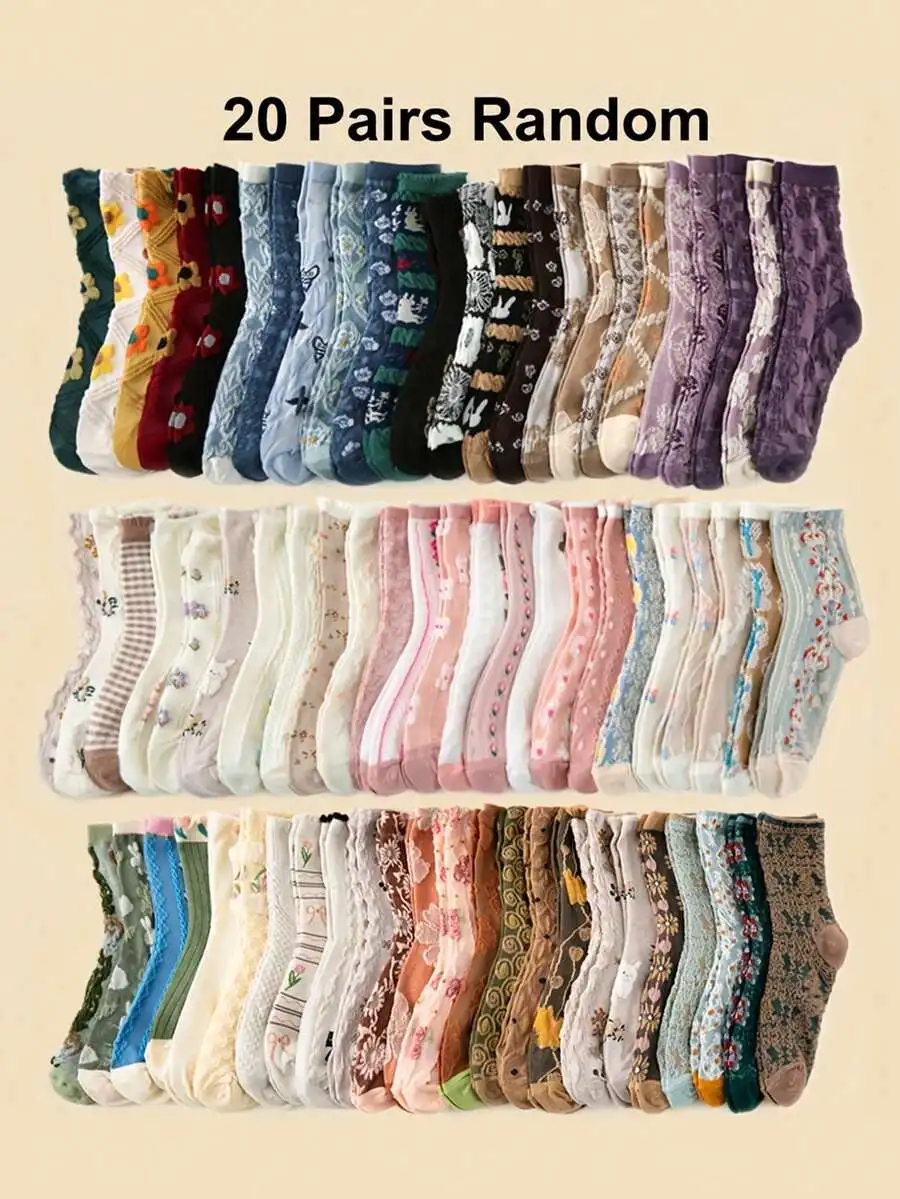 

20 Pairs Women Mid-Calf Socks Vintage Floral Embossed Pattern Soft Comfortable Casual Sports Daily Wear
