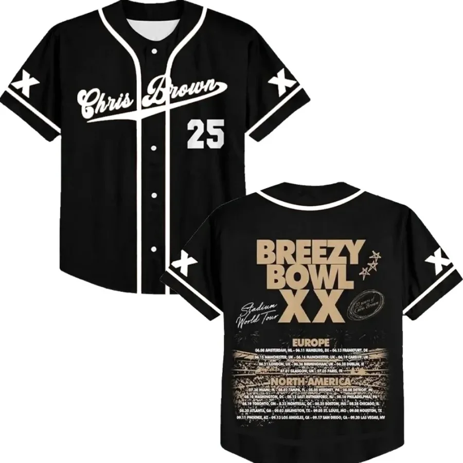 

2025 Chris Brown Breezy Bowl XX Tour Baseball T-Shirt Men Women Y2k Street Wear Hipster Hip Hop Short Sleeve Baseball Jersey
