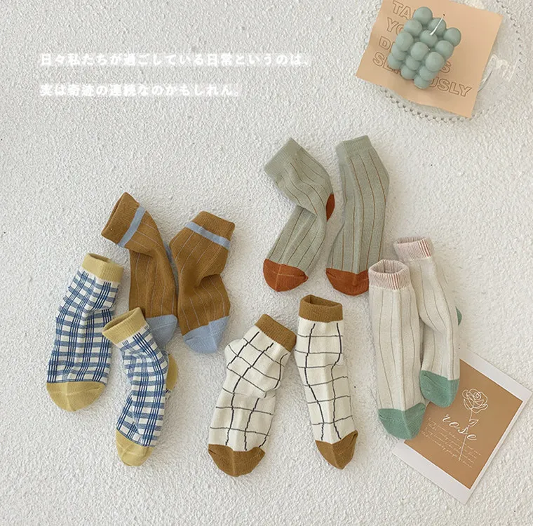 Korean Japanese Style 5 Pairs Kids Socks Fashion Cartoon Plaid Breathable Cotton Children Socks for Baby Boys and Girls