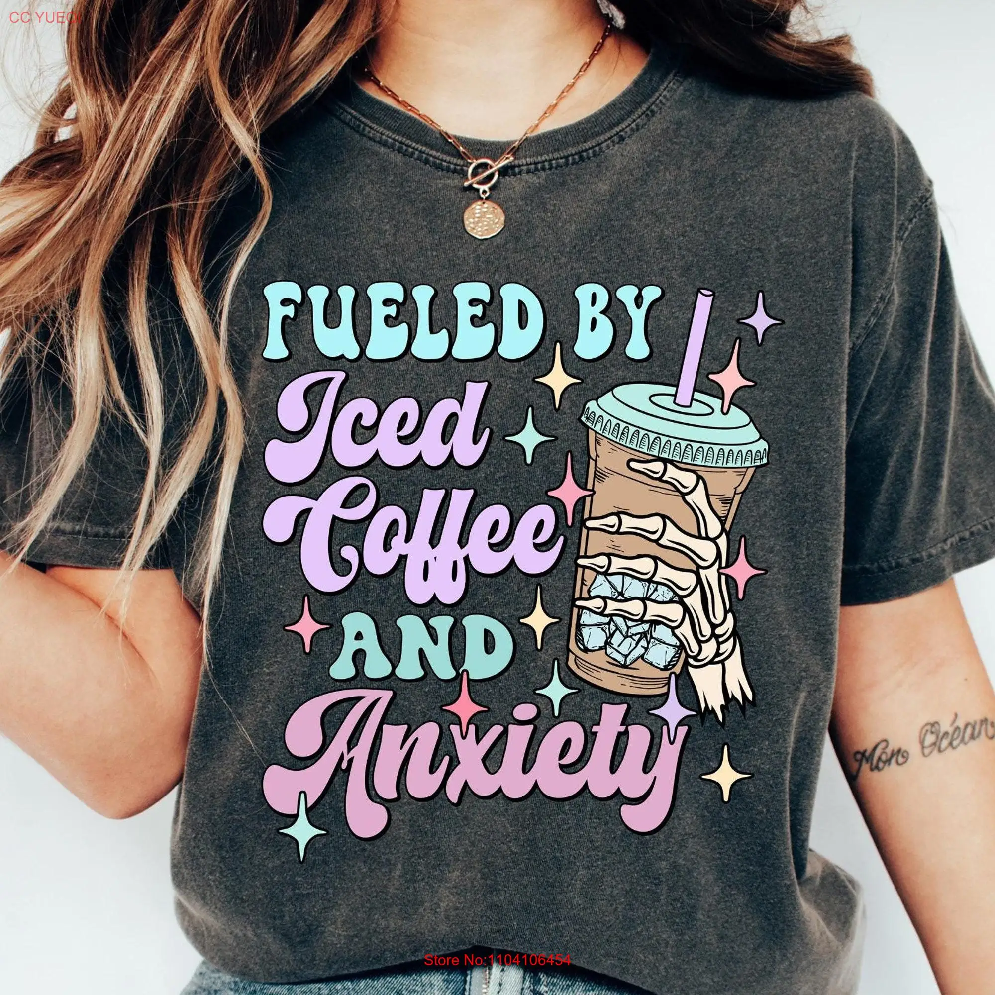 Fueled by Iced Coffee And Anxiety T Shirt Mothers Mom Mama Retro long or short sleeves